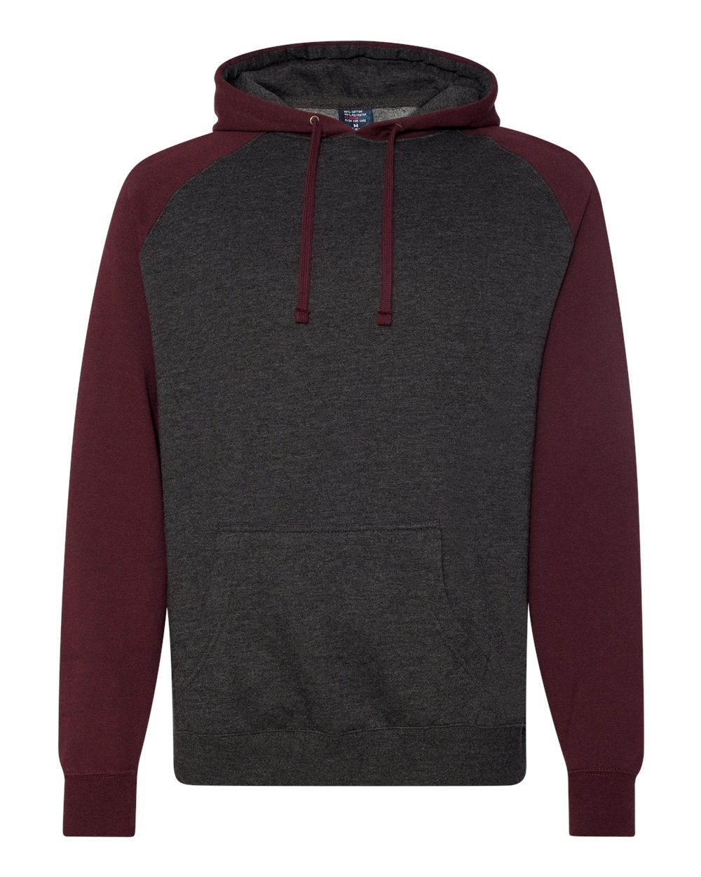 Front View of Charcoal Heather/ Burgundy Heather Raglan Hooded Sweatshirt - IND40RP