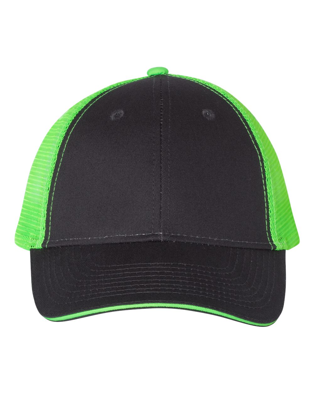 Front View of Charcoal/ Neon Green Sandwich Trucker Cap - S102