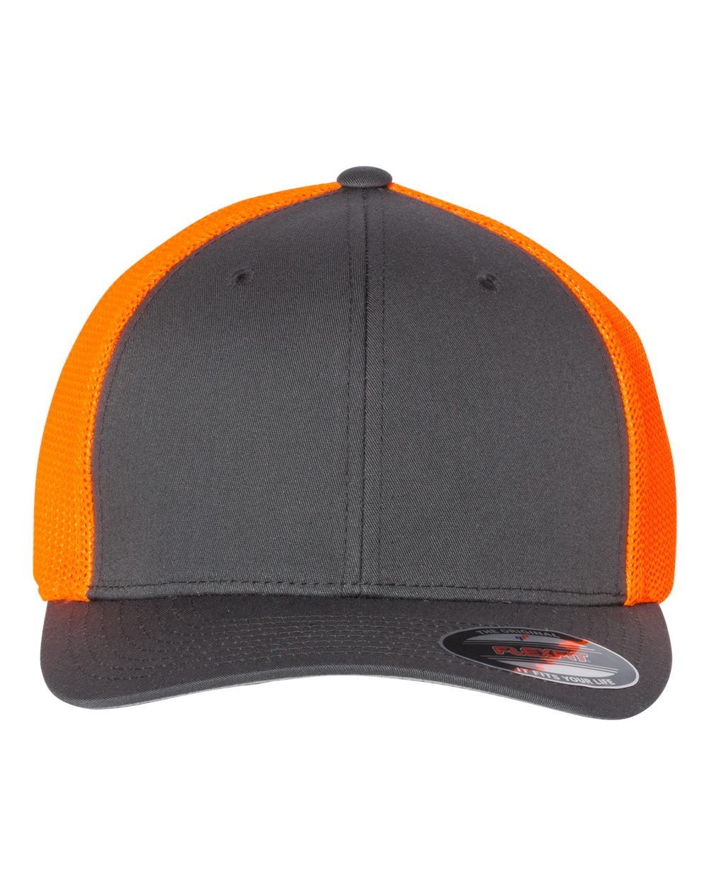 Front View of Charcoal/ Neon Orange Trucker Cap - 6511