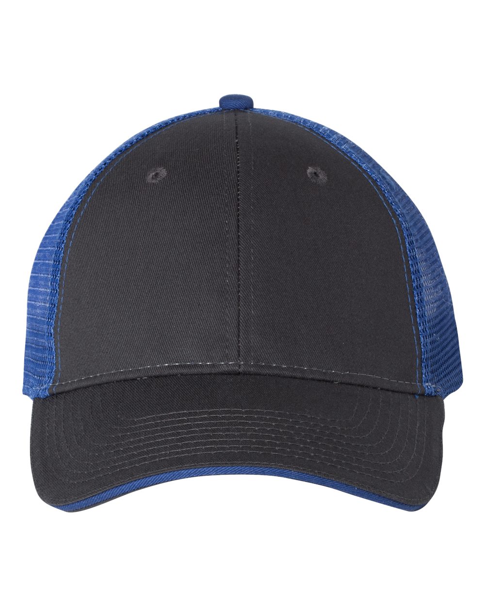 Front View of Charcoal/ Royal Sandwich Trucker Cap - S102