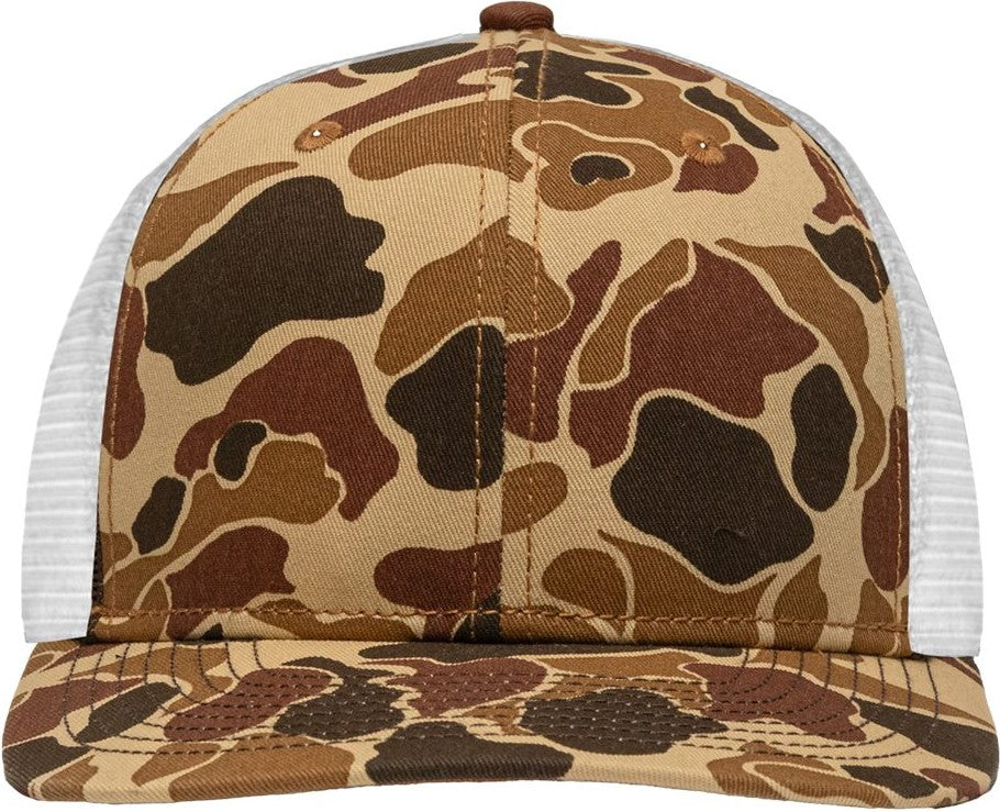 Front View of Chino Duck Camo/ White Traditional Lo-Pro Mesh Back Trucker Fit Cap - SP1450