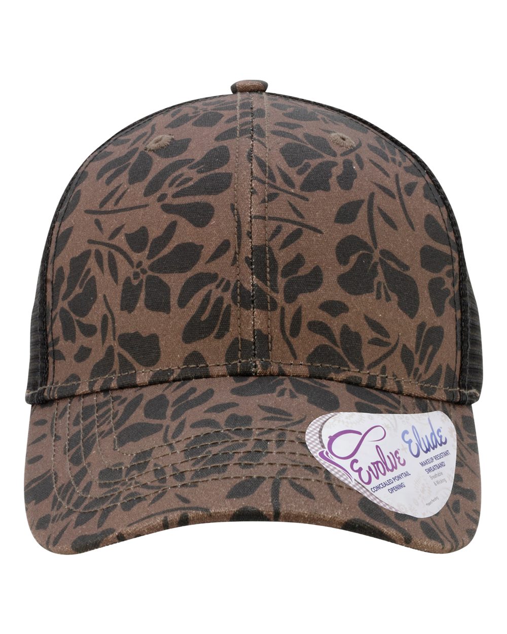 Front View of Chocolate Floral/ Black Women's Modern Trucker Cap - CHARLIE