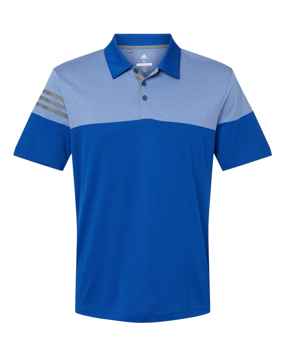 Front View of Collegiate Royal Heathered 3-Stripes Colorblocked Polo - A213