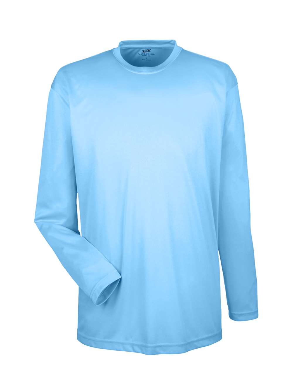 Front View of Columbia Blue Men's Cool & Dry Sport Long Sleeve Performance Interlock T-Shirt - 8422
