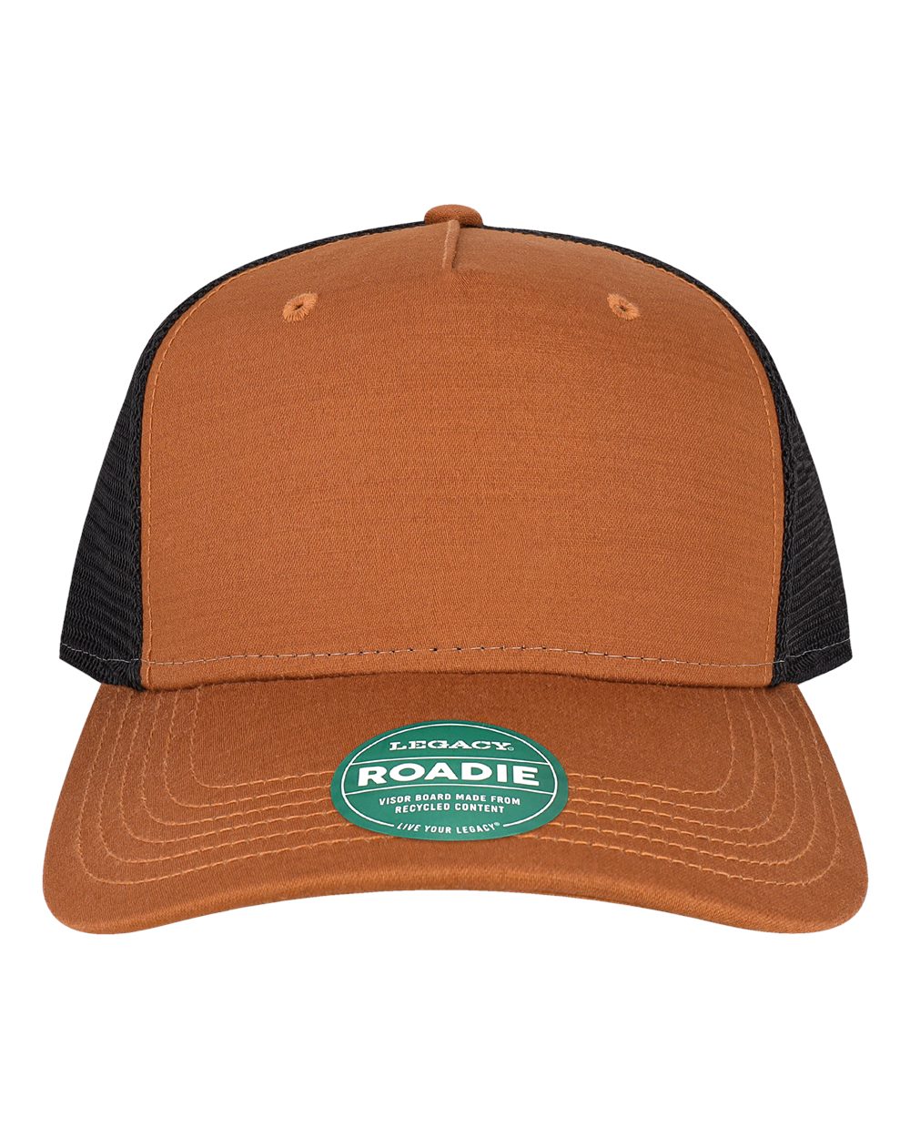 Front View of Copper Slub/ Black Five-Panel Trucker Cap - ROADIE