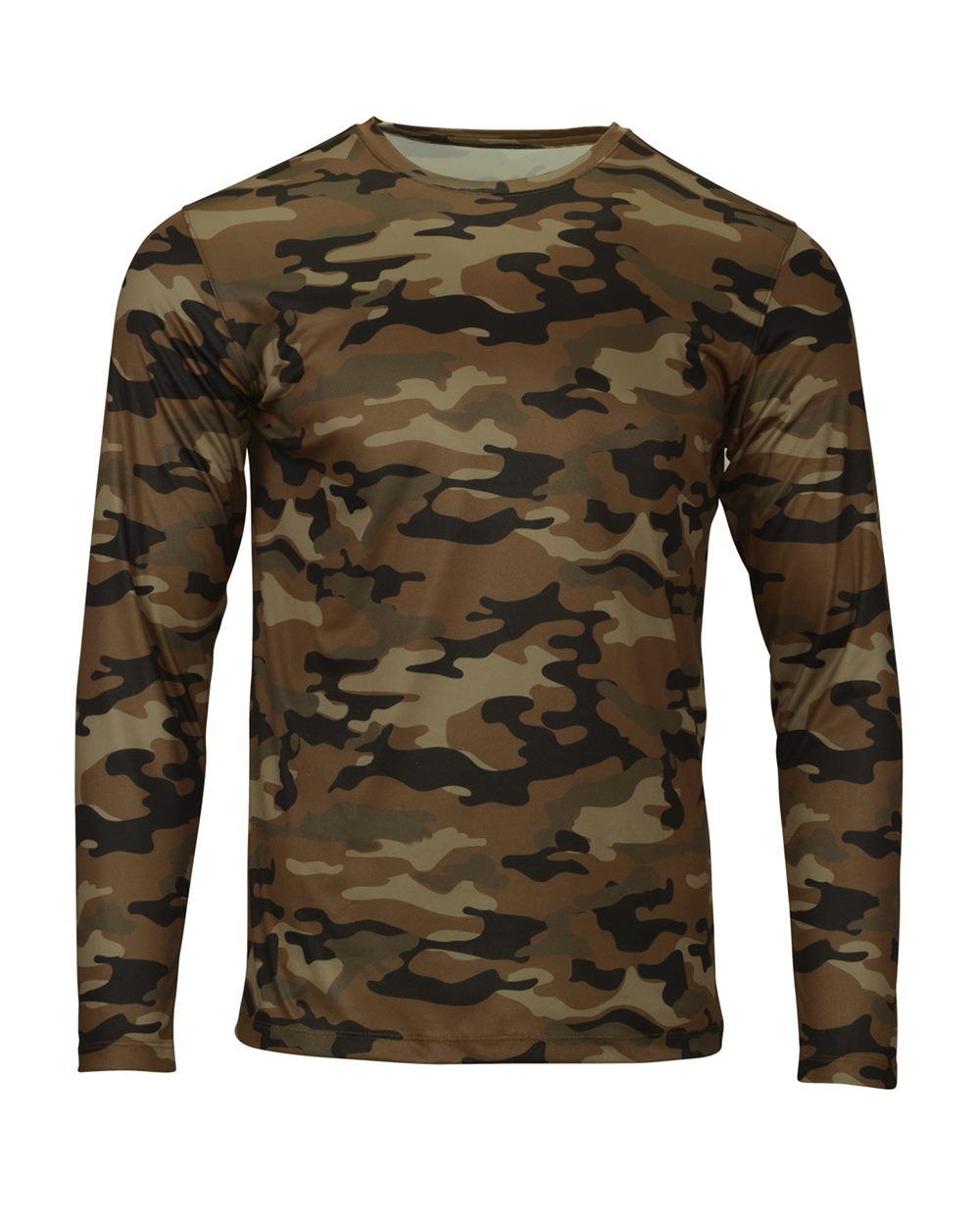 Front View of Coyote Camo Woodland Performance Long Sleeve T-Shirt - 238