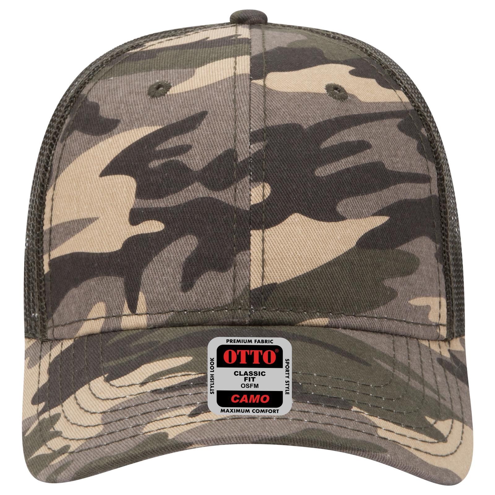 Front View of CP01046 - Camo/OliveMesh OTTO CAP Camouflage 6 Panel Low Profile Mesh Back Trucker Hat