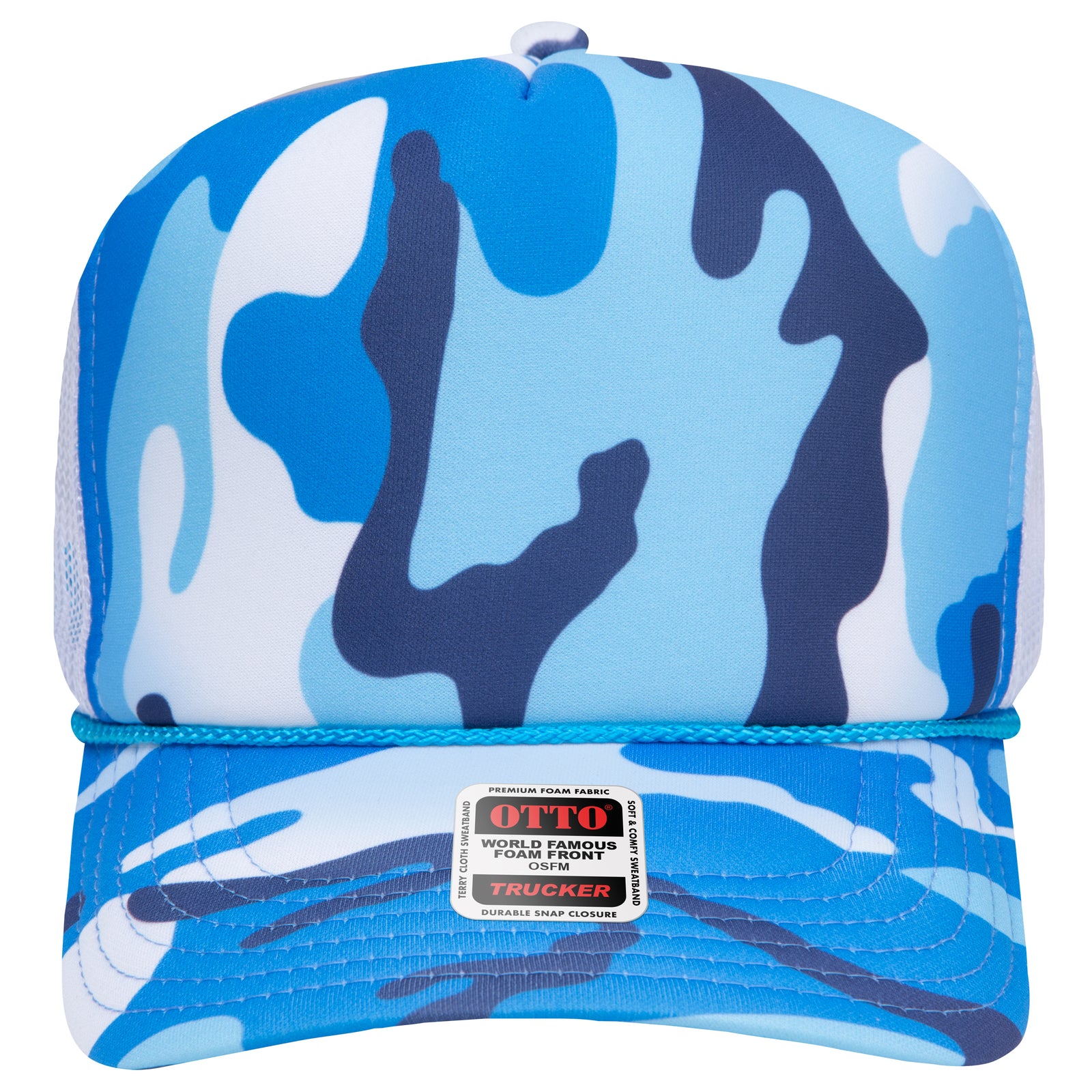 Right View of CP34B16 - Sky Camo/Wht OTTO CAP 5 Panel High Crown Mesh Back Trucker Hat