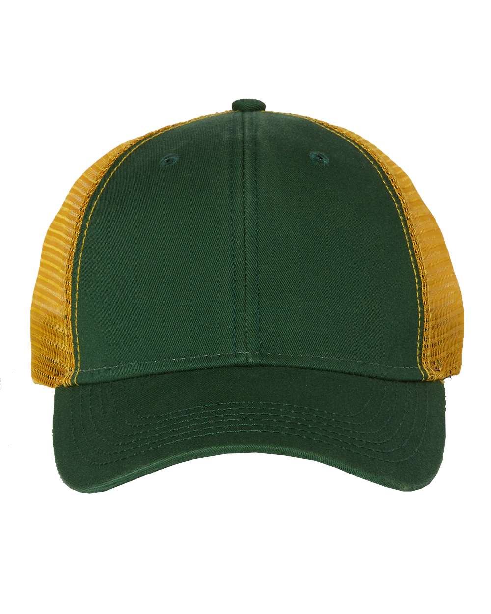 Front View of Dark Green/ Gold Bio-Washed Trucker Cap - AH80