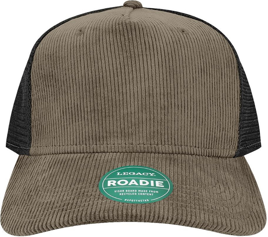 Front View of Dark Grey Corduroy/ Black Five-Panel Trucker Cap - ROADIE