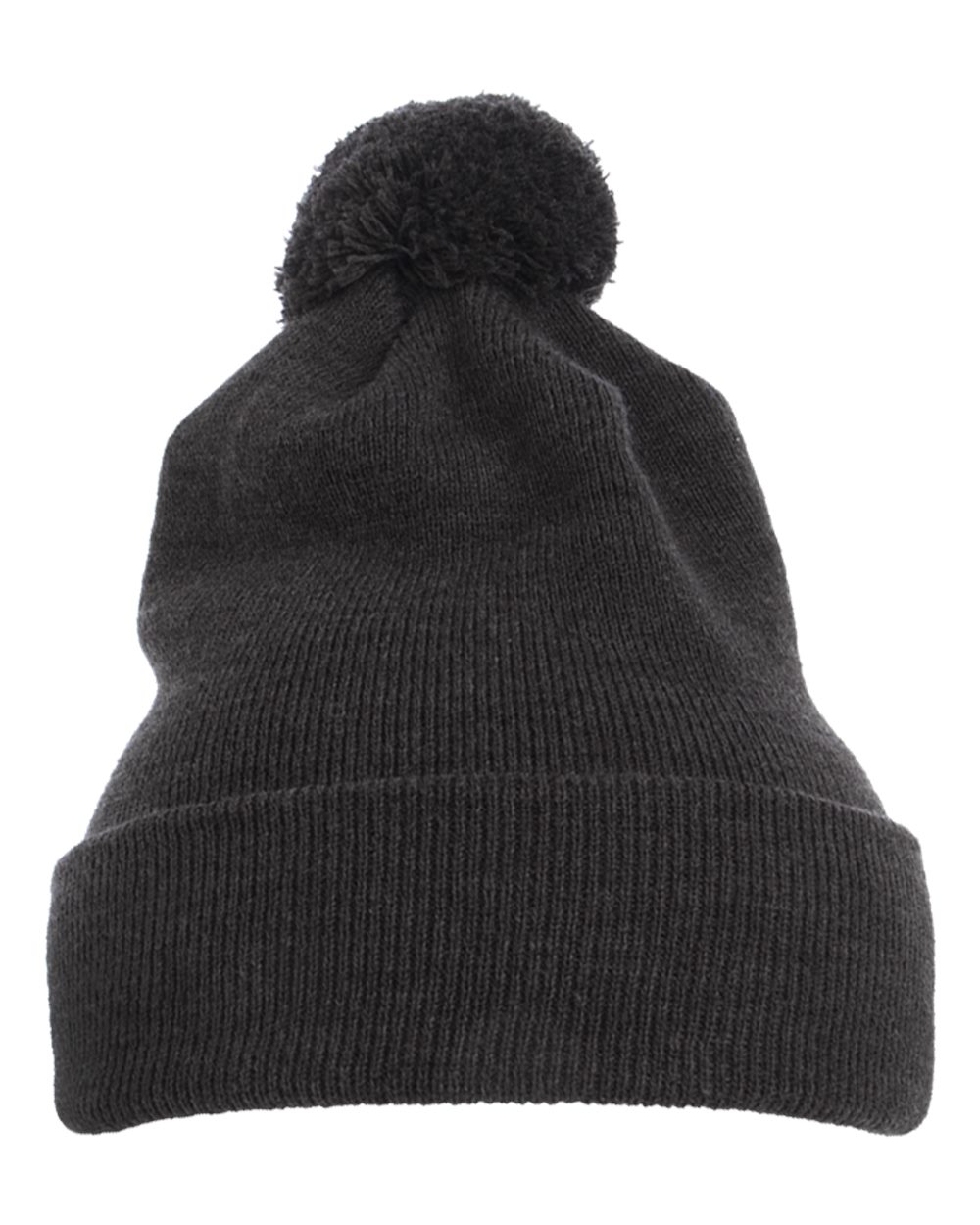 Front View of Dark Grey Cuff Knit Beanie w Pom - 1501P