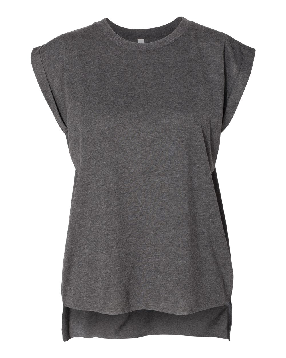 Front View of Dark Grey Heather Women’s Flowy Rolled Cuffs Muscle Tee - 8804