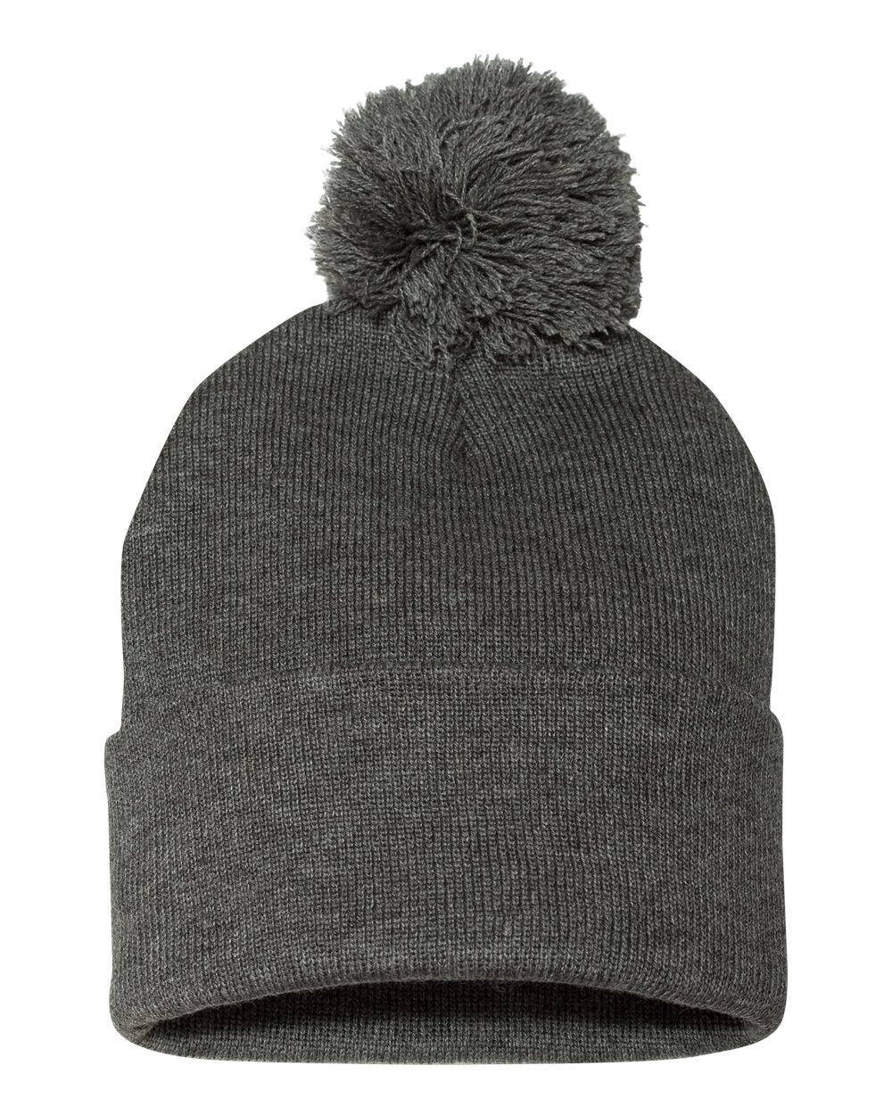 Front View of Dark Heather Grey 12" Pom-Pom Cuffed Beanie - SP15