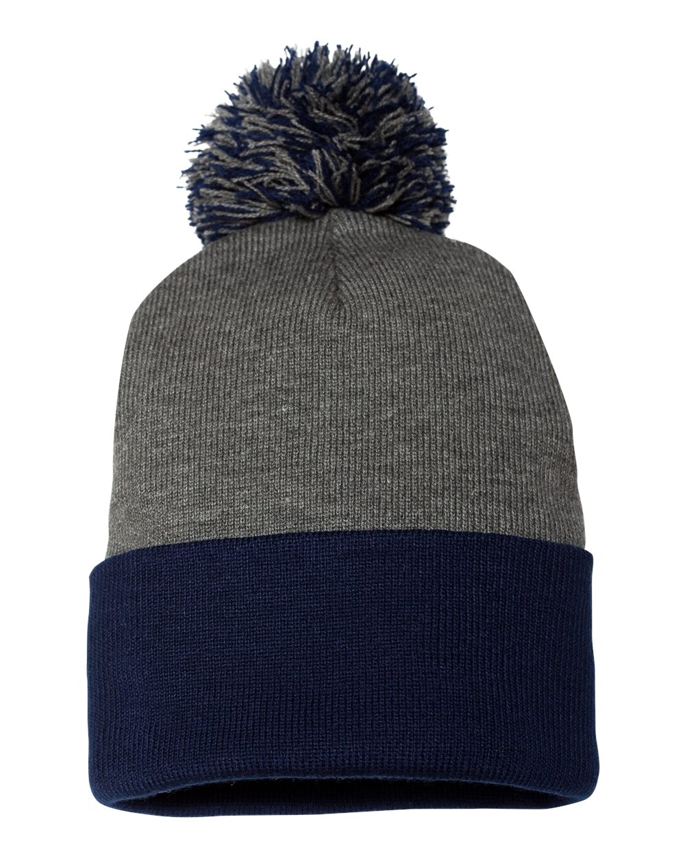 Front View of Dark Heather Grey/ Navy 12" Pom-Pom Cuffed Beanie - SP15