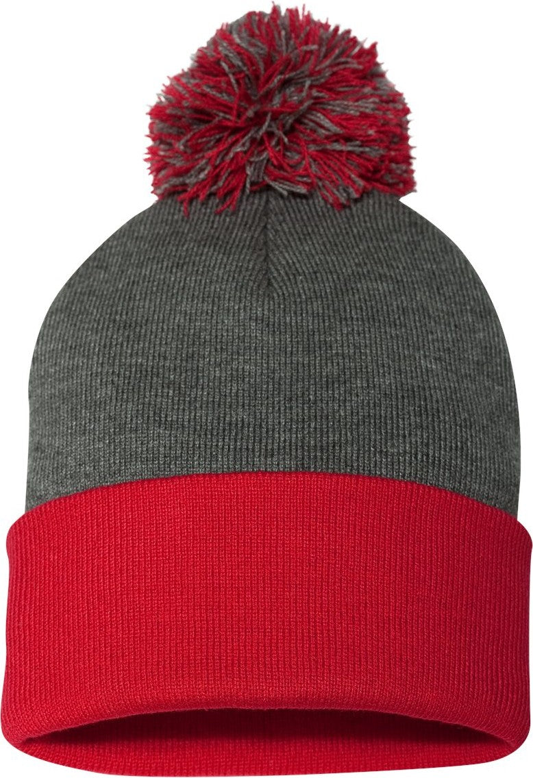 Front View of Dark Heather Grey/ Red 12" Pom-Pom Cuffed Beanie - SP15