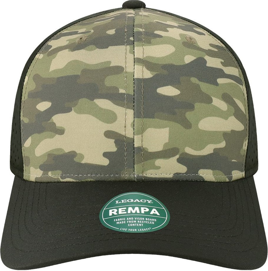 Front View of Dark Olive Green Camo/ Black Reclaim Mid-Pro Adjustable Cap - REMPA