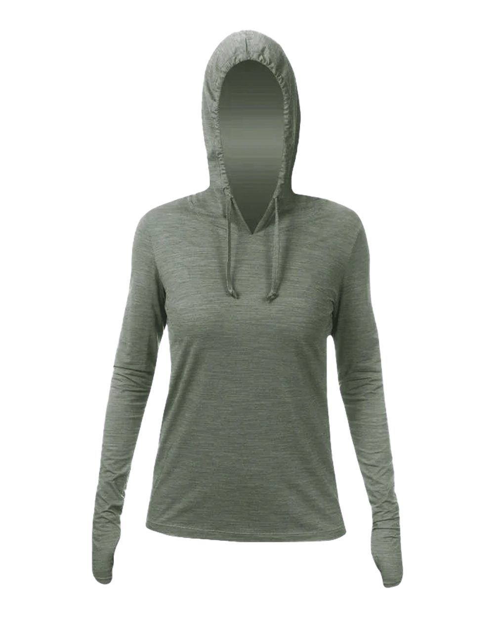 Front View of Dark Olive Heathered Women's Breeze Tech Hooded Long Sleeve T-Shirt - WSBRZH0