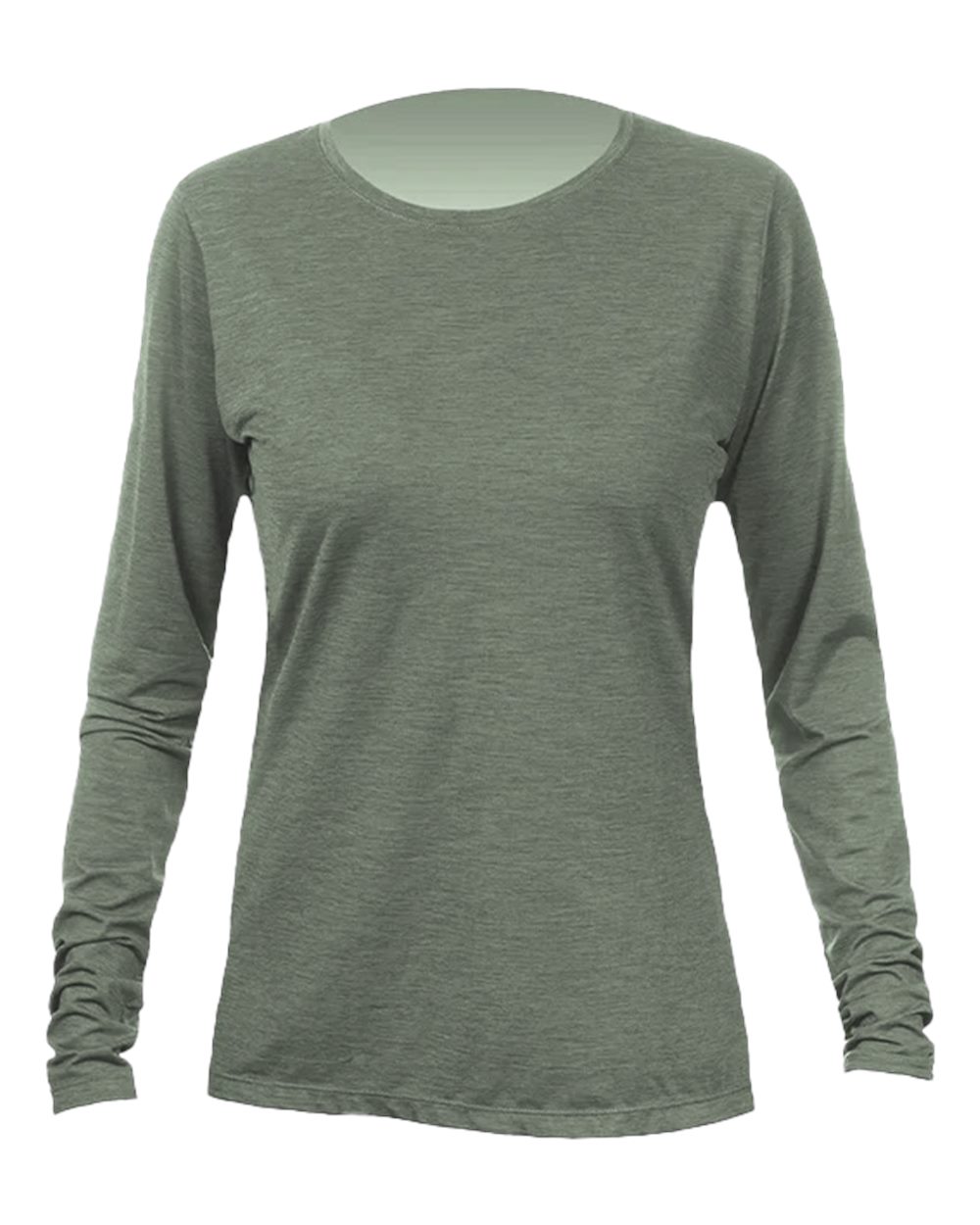 Front View of Dark Olive Heathered Women's Breeze Tech Long Sleeve T-Shirt - WSBRZL0