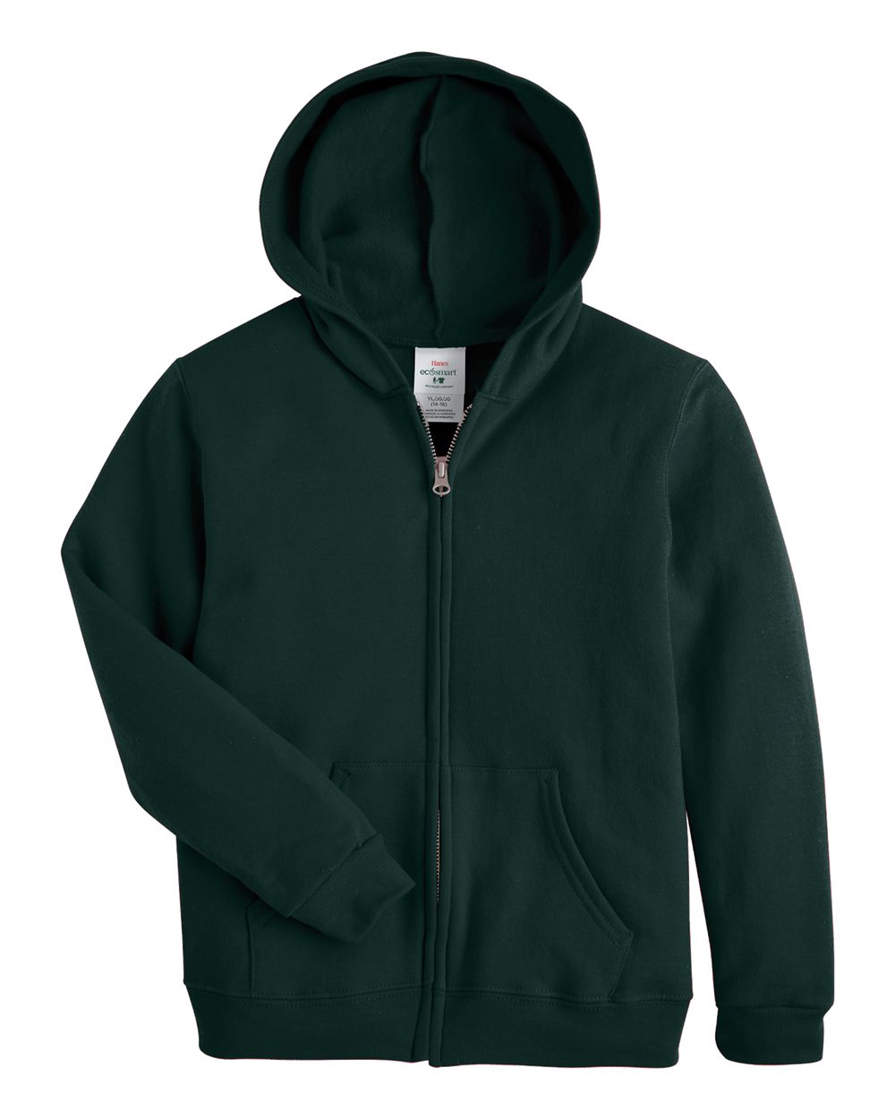Front View of Deep Forest EcoSmart® Youth Full-Zip Hooded Sweatshirt - P480