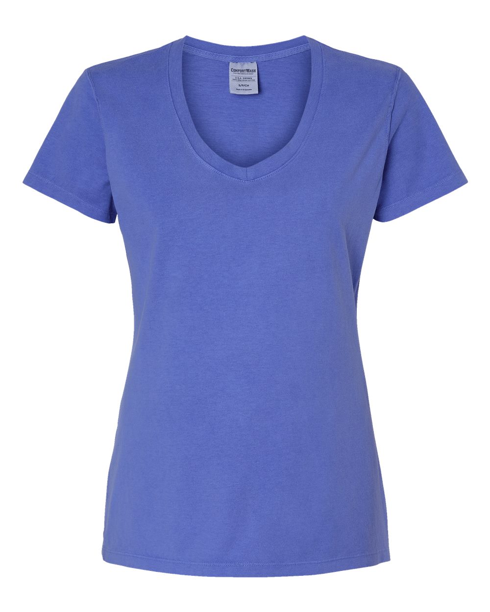 Front View of Deep Forte Blue Garment-Dyed Women's V-Neck T-Shirt - GDH125