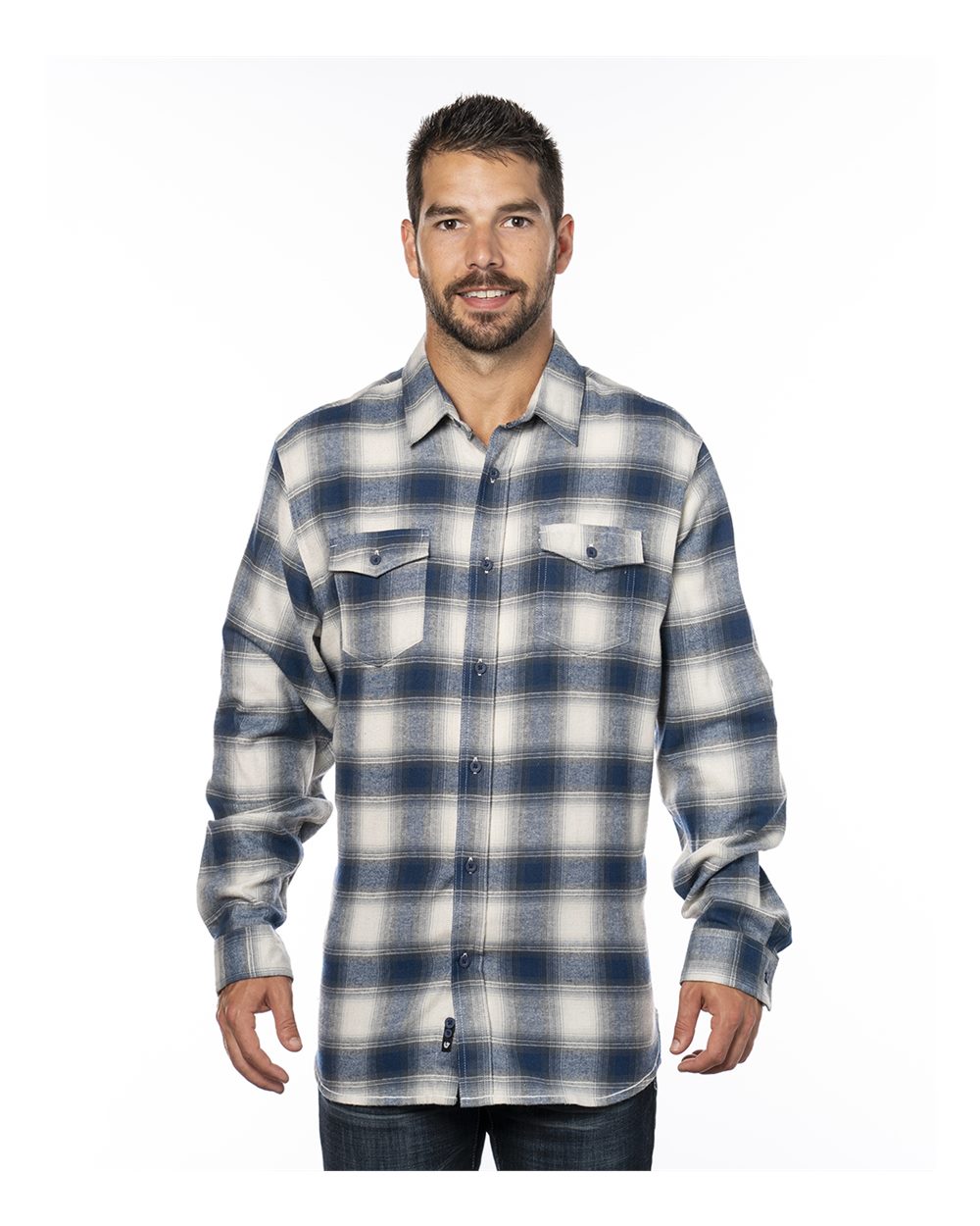 Front View of Ecru/ Blue Yarn-Dyed Flannel Shirt - 8210