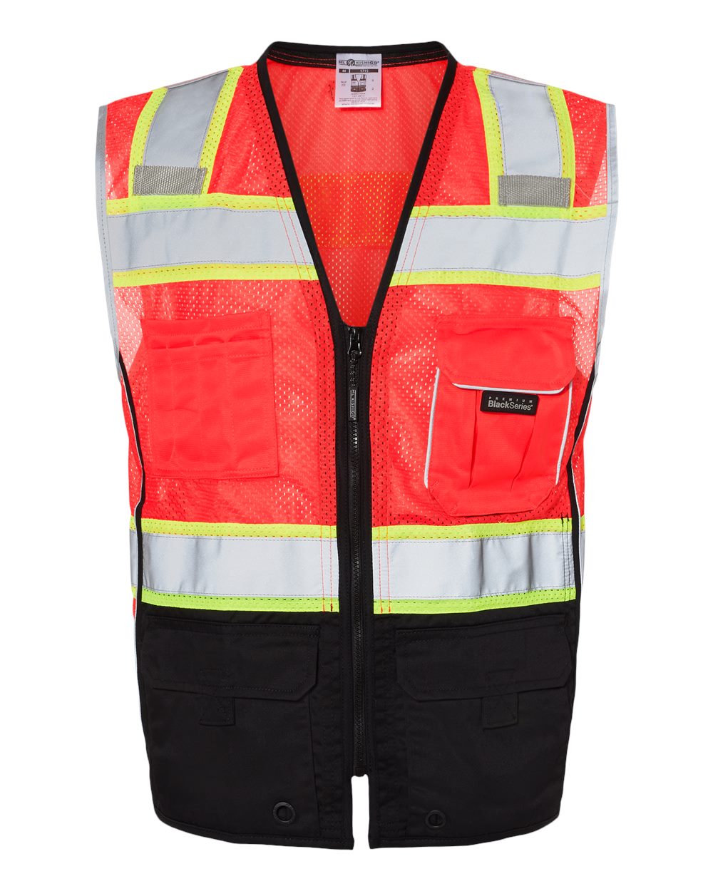 Front View of Fluorescent Red (1715) Premium Black Series® Black Bottom Class 2 Vest - 1515-1516