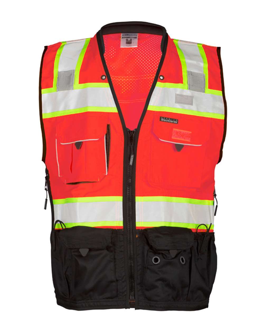 Front View of Fluorescent Red (S5702) Premium Black Series® Surveyors Vest - S5002-5003