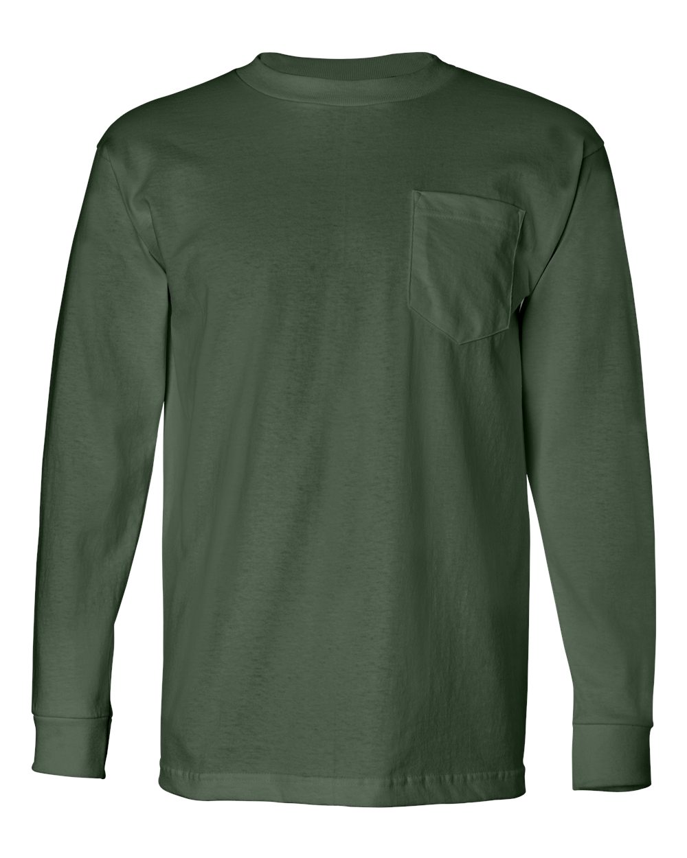Front View of Forest Green USA-Made Long Sleeve Pocket T-Shirt - 8100