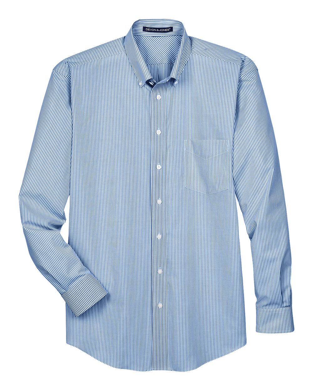 Front View of French Blue Men's Crown Collection® Banker Stripe Woven Dress Shirt - D645