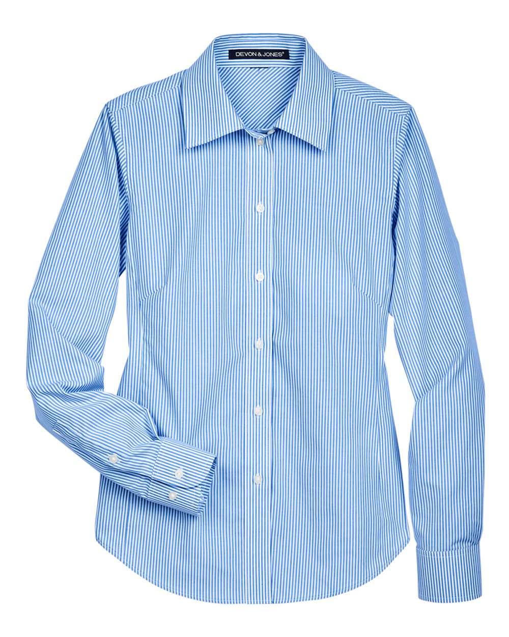 Front View of French Blue Women's Crown Collection® Banker Stripe Woven Dress Shirt - D645W