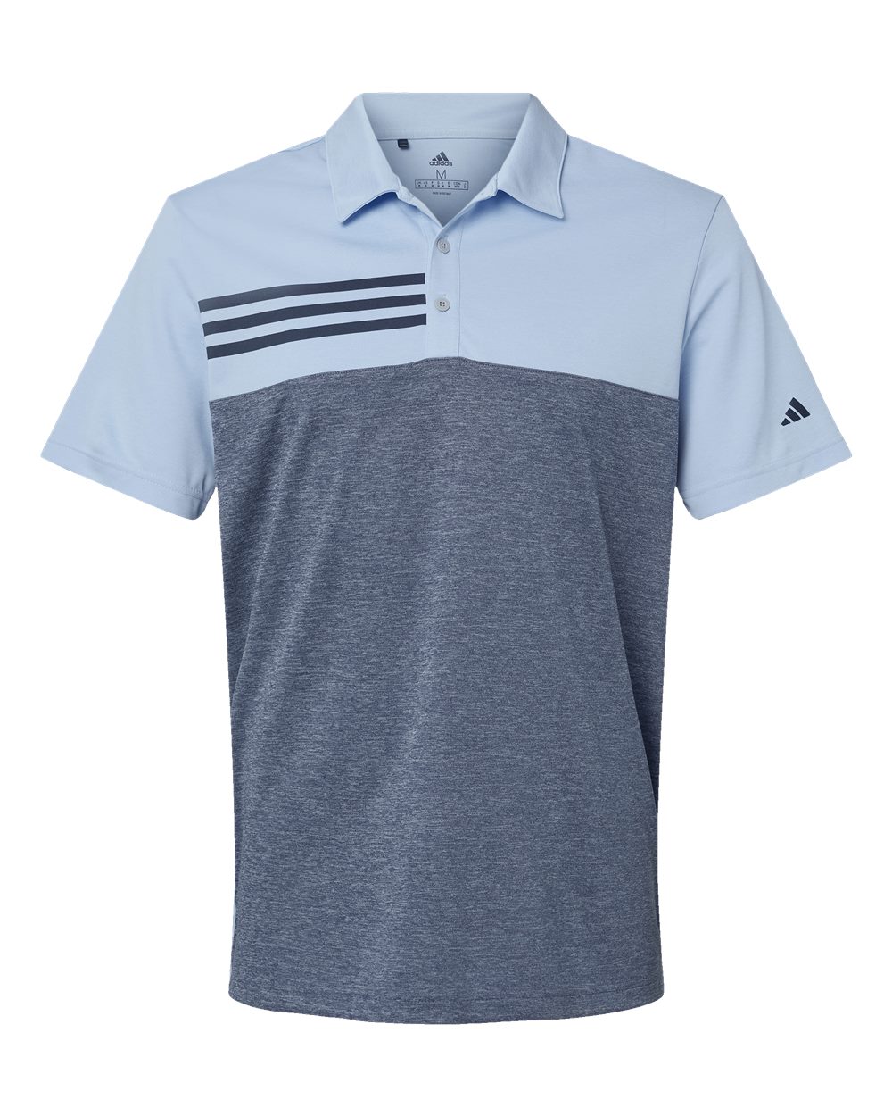 Front View of Glow Blue Heather/ Collegiate Navy Heather Heathered Colorblocked 3-Stripes Polo - A508