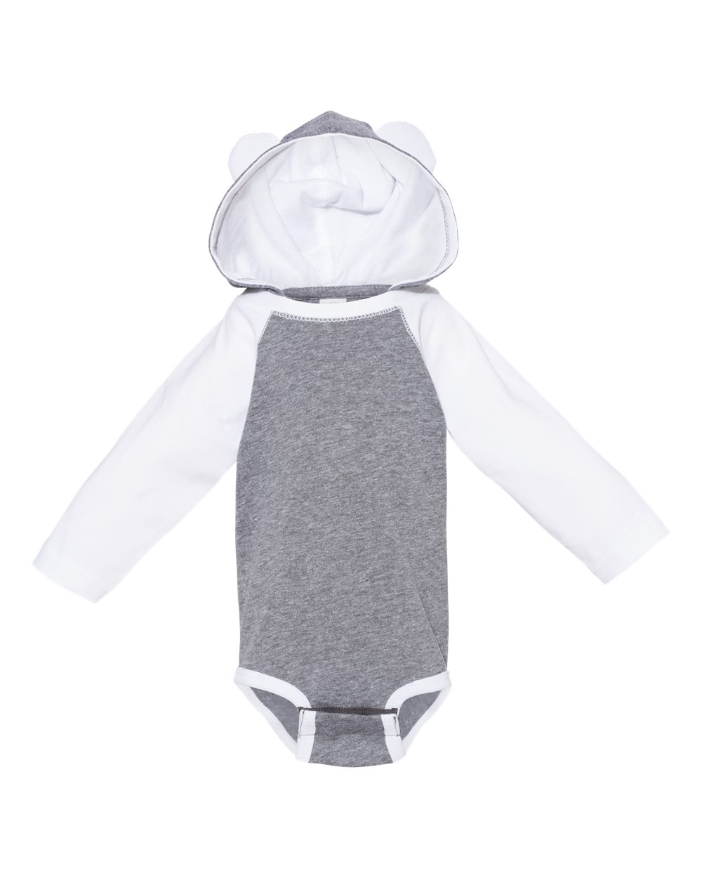 Front View of Granite Heather/ White Fine Jersey Infant Character Hooded Long Sleeve Bodysuit with Ears - 4418