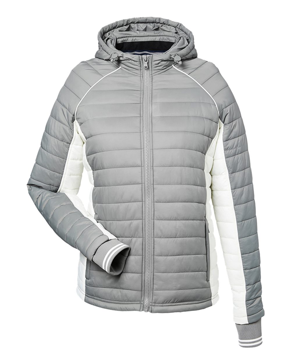 Front View of Graphite/ Antique White Women's Nautical Mile Hooded Puffer Jacket - N17187