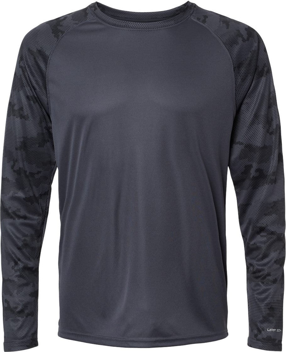 Front View of Graphite Cayman Performance Camo Colorblocked Long Sleeve T-Shirt - 216