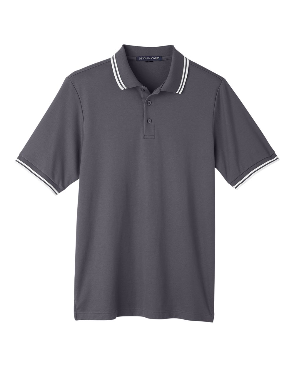 Front View of Graphite/ White Men's CrownLux Performance® Plaited Tipped Polo - DG20C