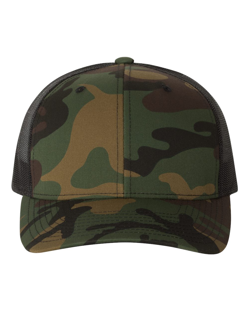 Front View of Green Camo/ Black Retro Trucker Cap - 6606
