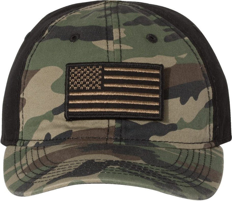 Front View of Green Camo/ Black Tactical Cap - 3353