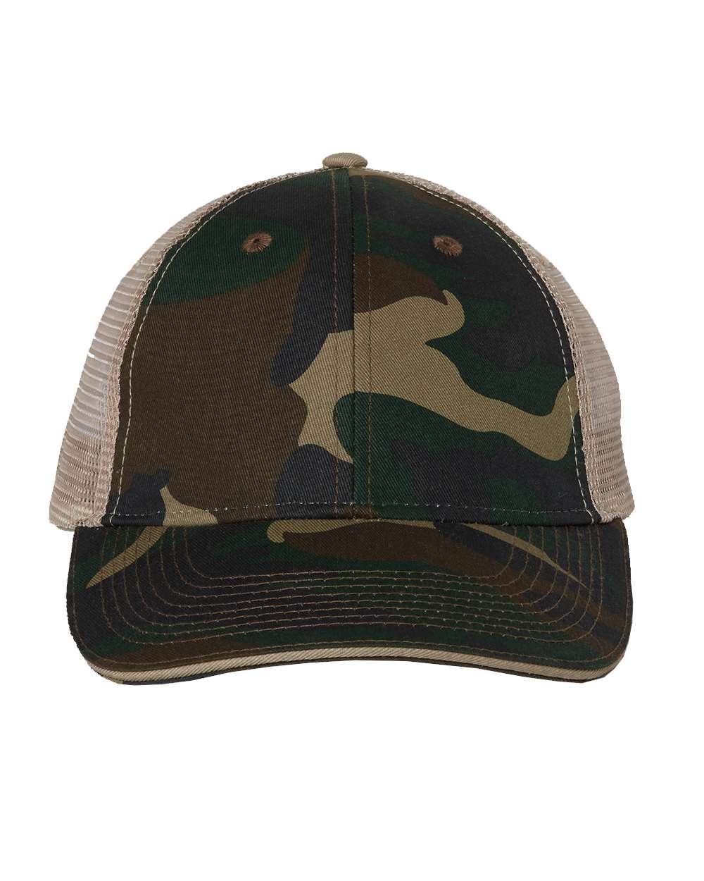 Front View of Green Camo/ Tan Sandwich Trucker Cap - S102