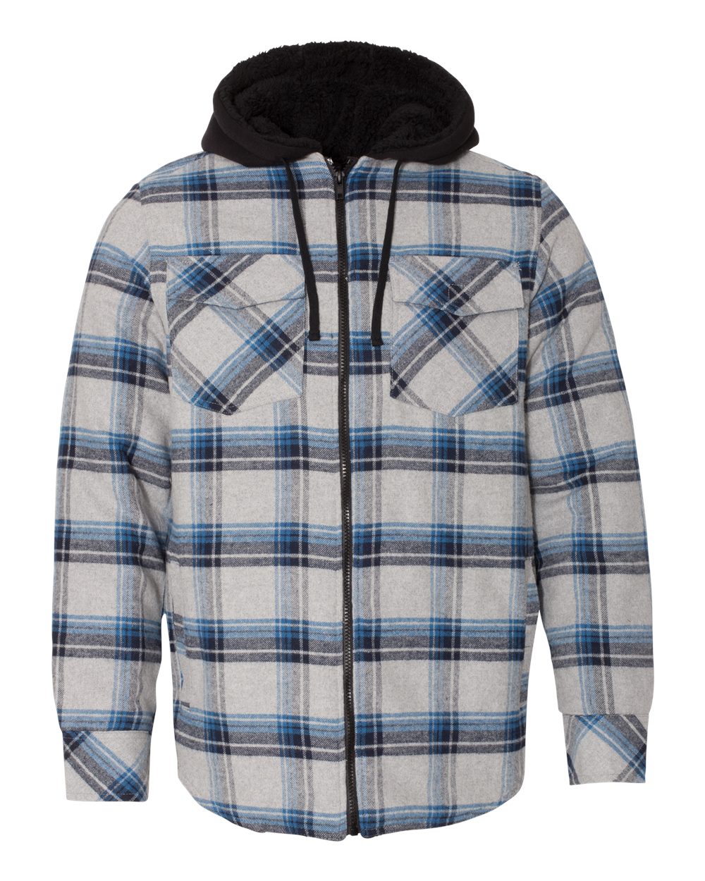 Front View of Grey/ Blue Quilted Flannel Hooded Jacket - 8620