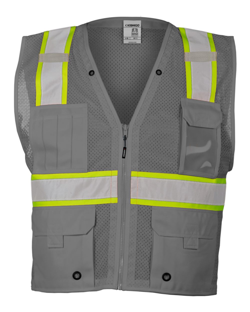Front View of Grey/ Lime - B111 EV Series® Enhanced Visibility Multi-Pocket Mesh Vest - B100-111