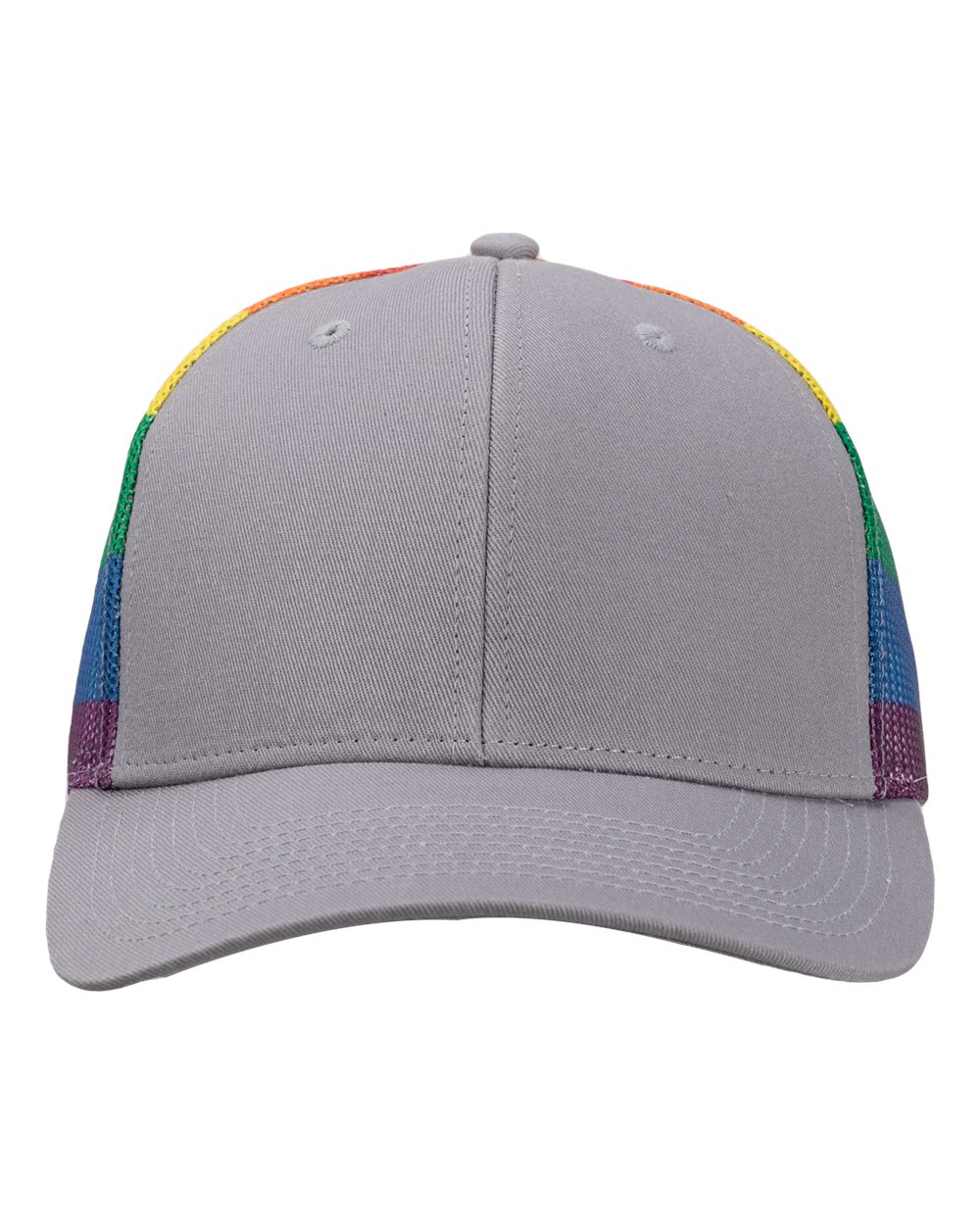 Front View of Grey/ Rainbow Printed Mesh Trucker Cap - S700M