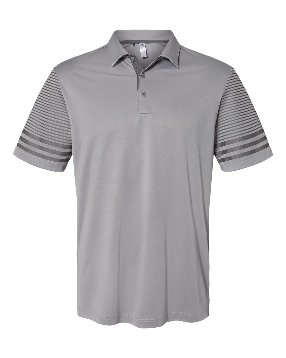 Front View of Grey Three/ Grey Five Striped Sleeve Polo - A490