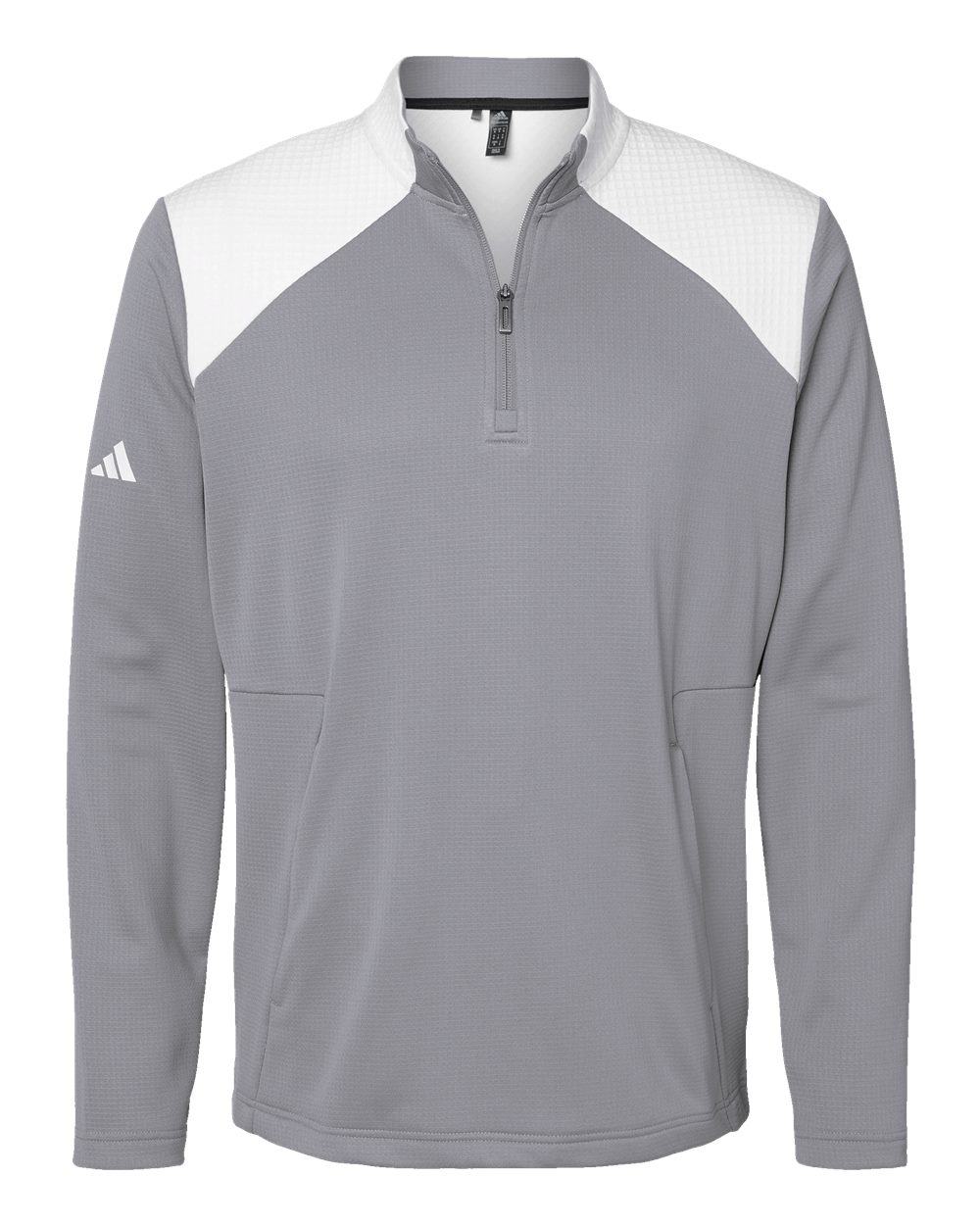Front View of Grey Three/ White Textured Mixed Media Quarter-Zip Pullover - A532