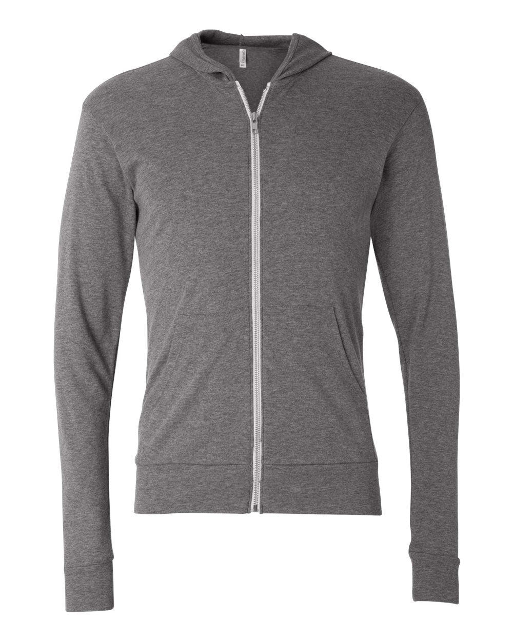Front View of Grey Triblend Triblend Lightweight Full-Zip Hooded Long Sleeve Tee - 3939