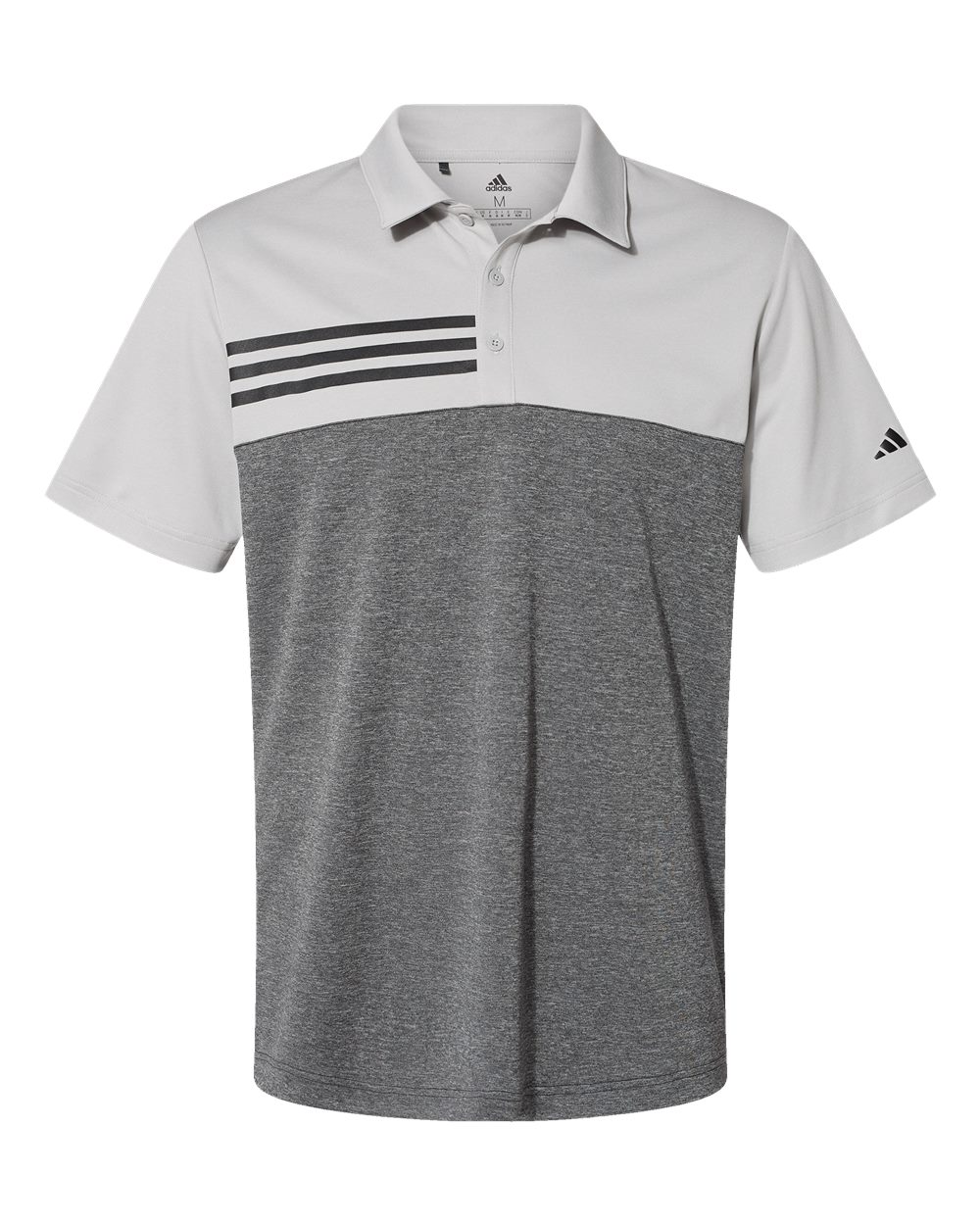 Front View of Grey Two Heather/ Black Heather Heathered Colorblocked 3-Stripes Polo - A508