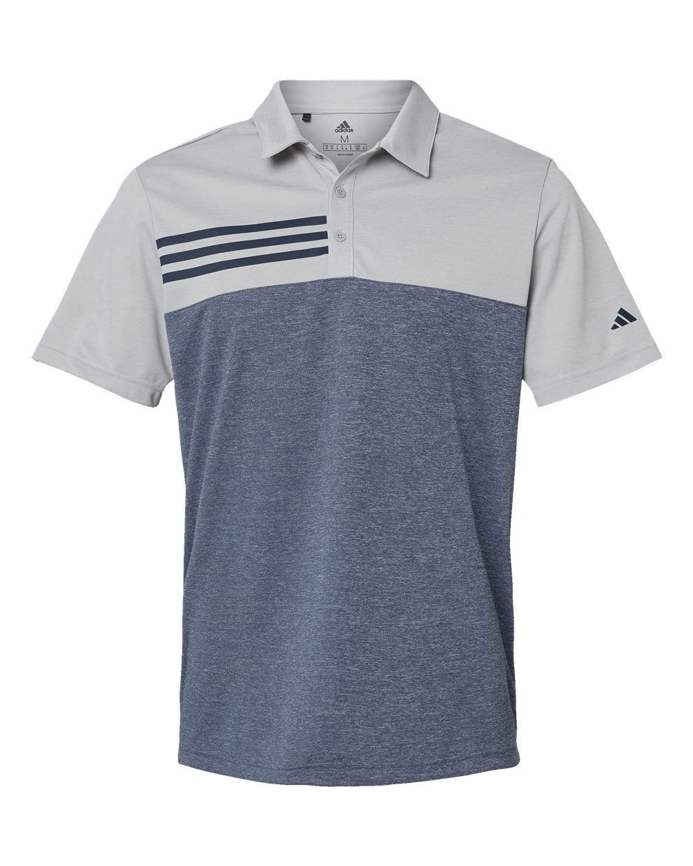 Front View of Grey Two Heather/ Collegiate Navy Heather Heathered Colorblocked 3-Stripes Polo - A508