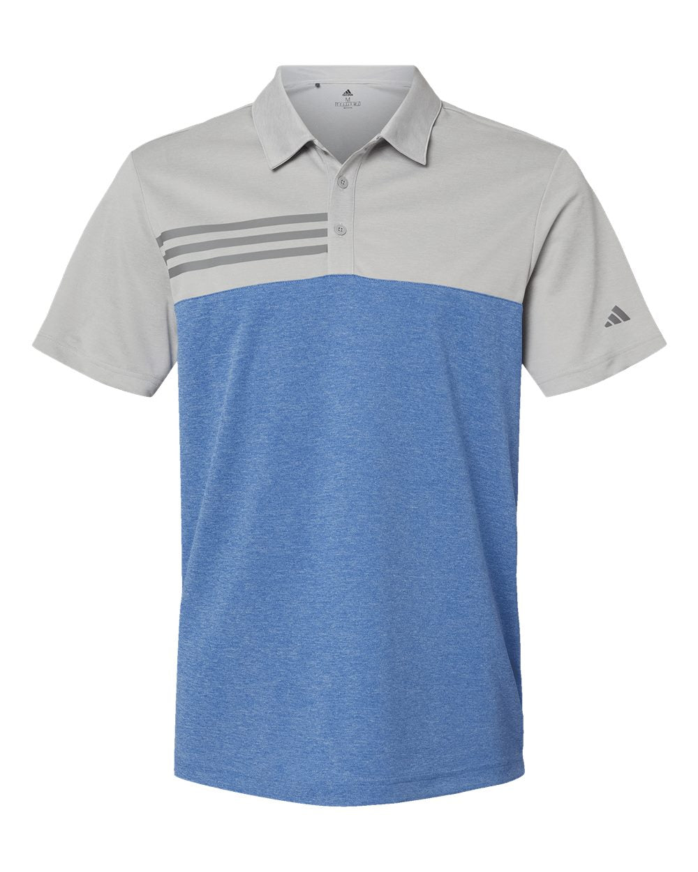 Front View of Grey Two Heather/ Collegiate Royal Heather Heathered Colorblocked 3-Stripes Polo - A508