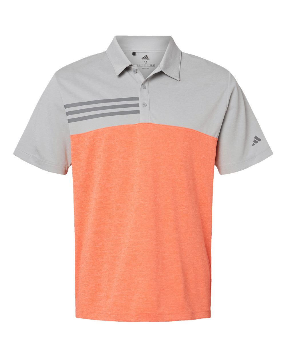 Front View of Grey Two Heather/ Hi-Res Coral Heather Heathered Colorblocked 3-Stripes Polo - A508