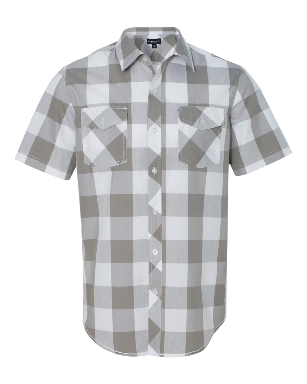 Front View of Grey/ White Buffalo Plaid Short Sleeve Shirt - 9203