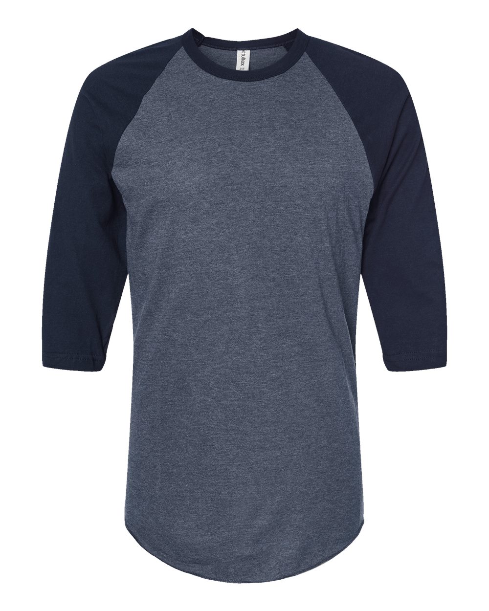 Front View of Heather Denim/ Navy Fine Jersey Raglan T-Shirt - 245